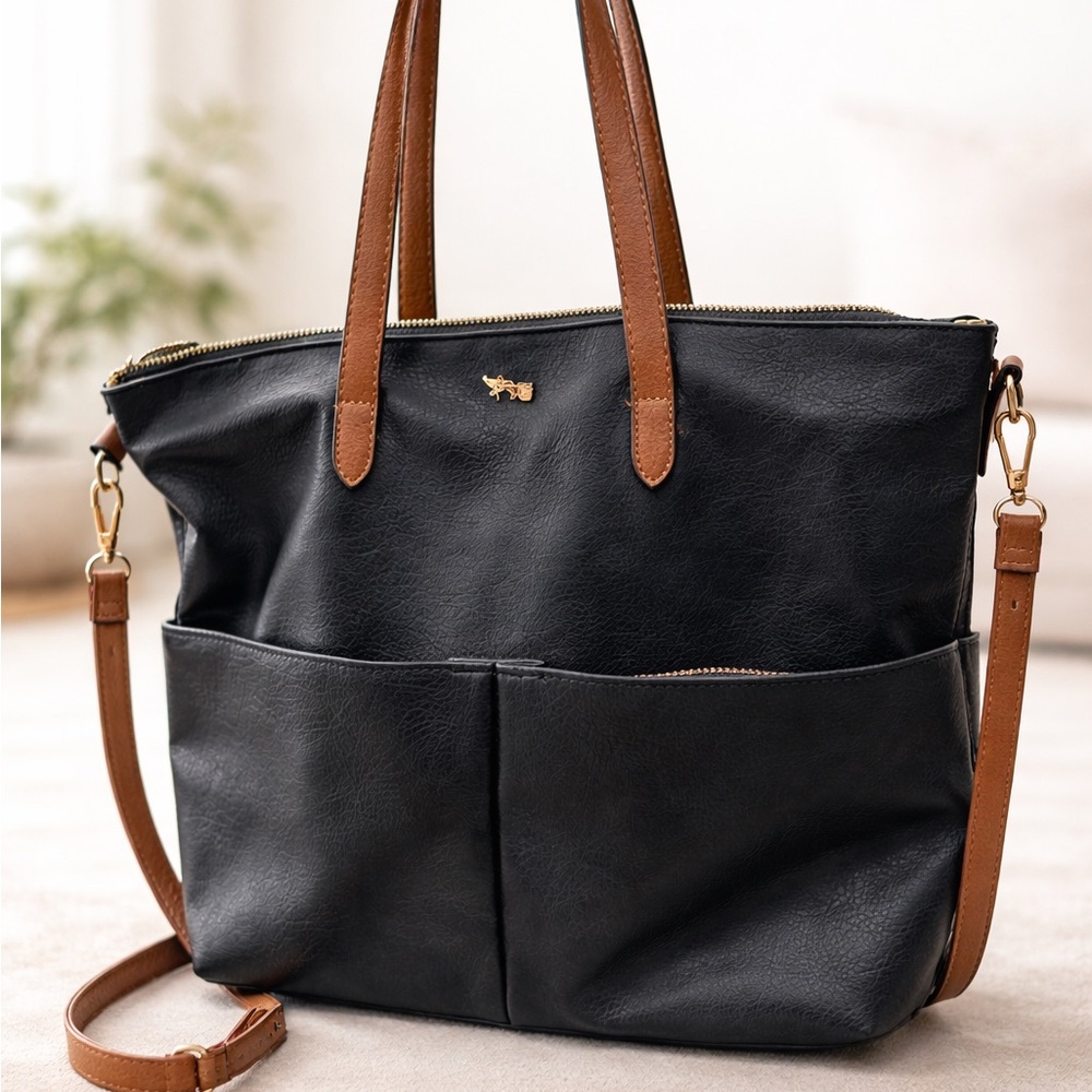 Mathew + Julian Black Pebbled Leather Tote Satchel w/ Brown Handles & Crossbody